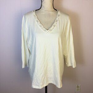 Jones New York Signature Blouse Top 2X Womans Plus Ivory White V-neck Crochet